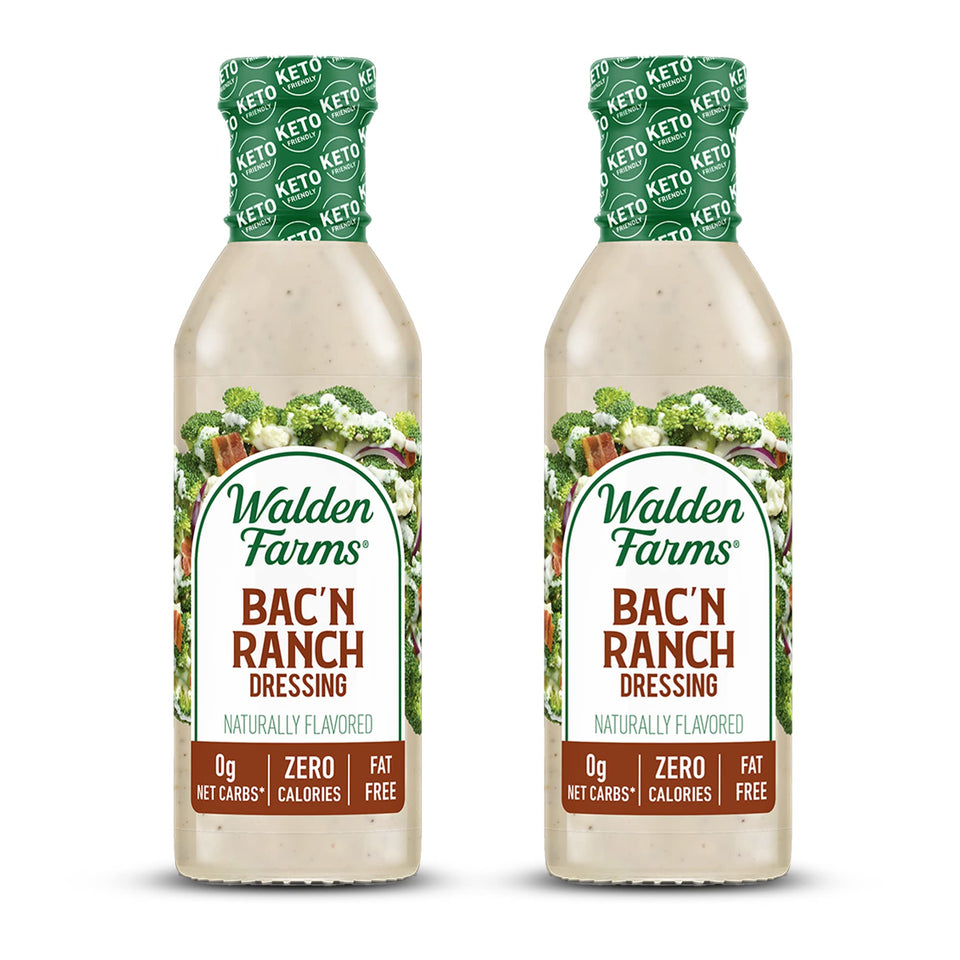 Walden Farms Bac’n Ranch Dressing bottle front – zero calories and bold smoky flavor.