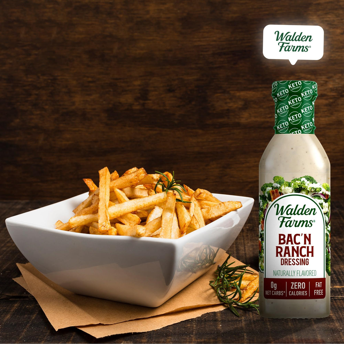 Walden Farms Bac’n Ranch Dressing ingredients panel – clean, plant-based base.