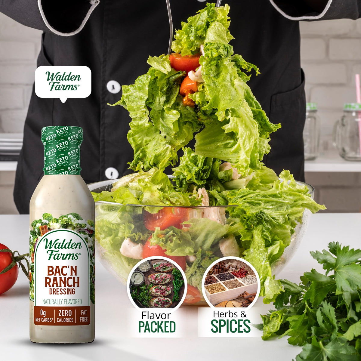 Walden Farms Bac’n Ranch Dressing keto-friendly – 0g net carbs per serving.