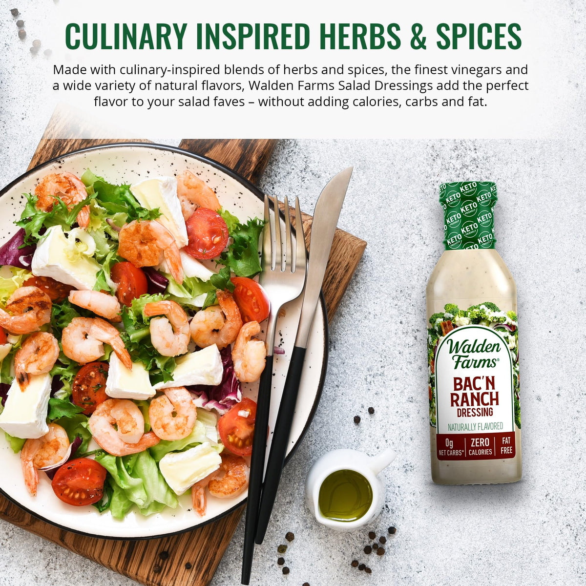 Walden Farms Bac’n Ranch Dressing label – dairy-free and gluten-free at a glance.