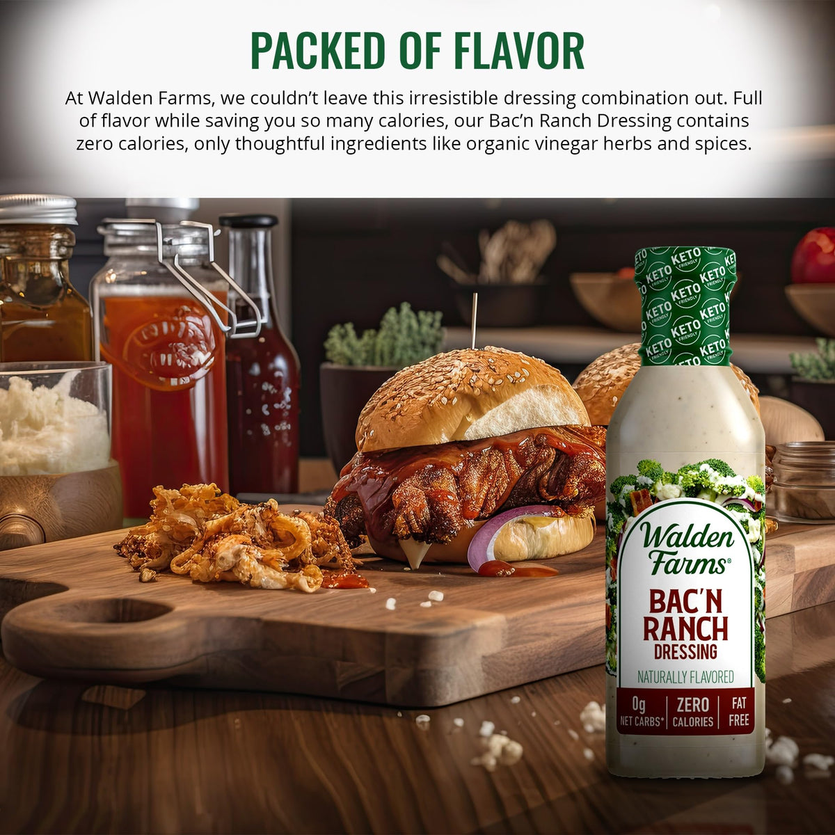 Walden Farms Bac’n Ranch Dressing pour spout – convenient drizzle for salads.