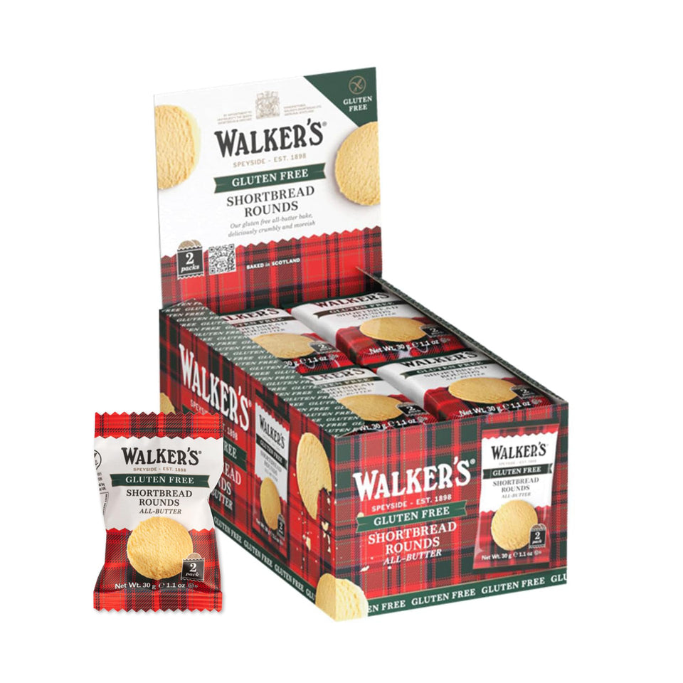Walker’s All-Butter gluten-free shortbread rounds front packaging, ideal for freshness and display.