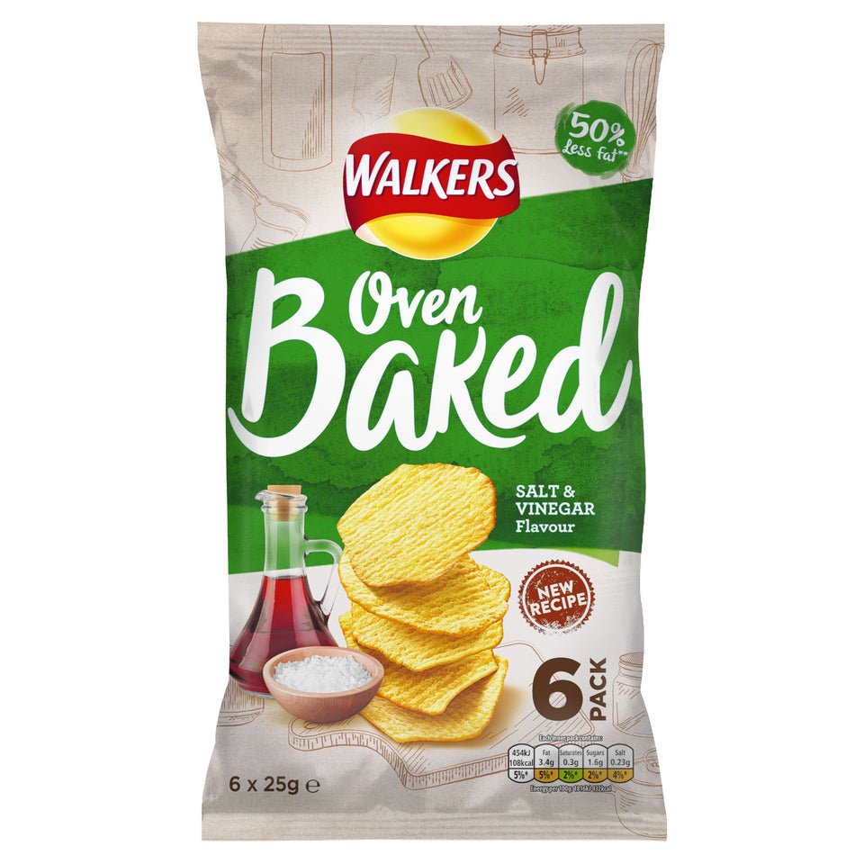 Walkers baked salt and vinegar crisps six-pack packaging for easy sharing.