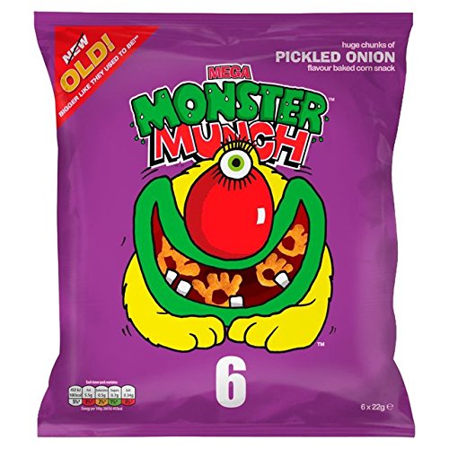 Walkers Monster Munch Pickled Onion bag showing crispy baked corn snack for on-the-go munching.