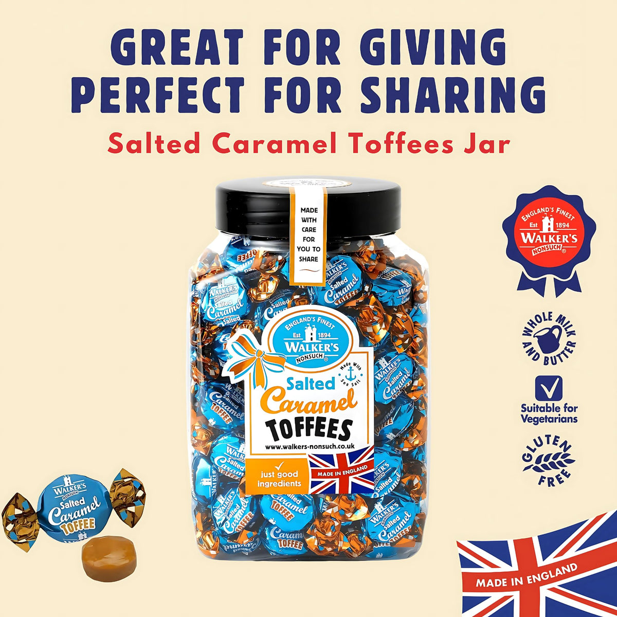 Close-up of Walkers Nonsuch salted caramel toffee texture, creamy and salty-sweet indulgence.