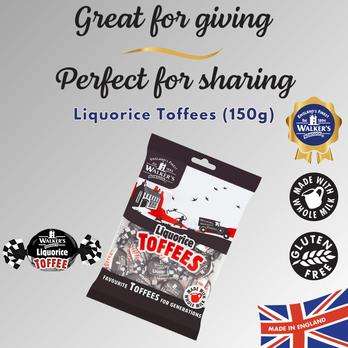 Walkers' Nonsuch Liquorice Toffees bag-front; traditional chewy toffee flavor in a classic British treat.