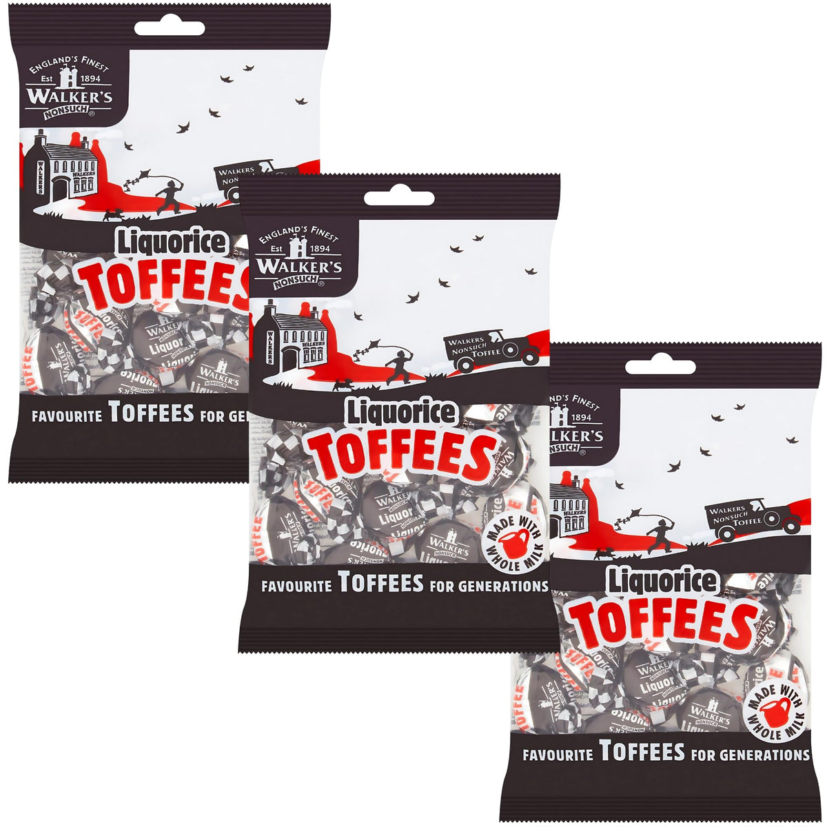 Walkers' Nonsuch liquorice toffees bag front, authentic British candy for gifting.