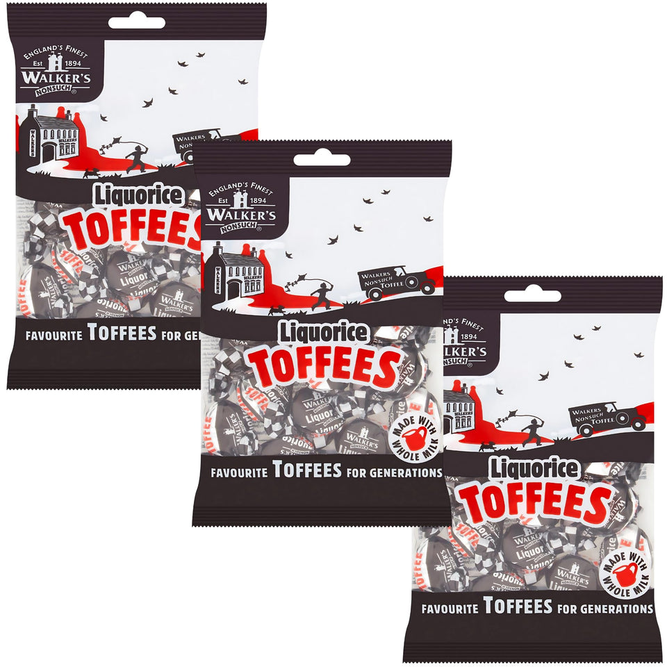 Walkers' Nonsuch liquorice toffees bag front, authentic British candy for gifting.