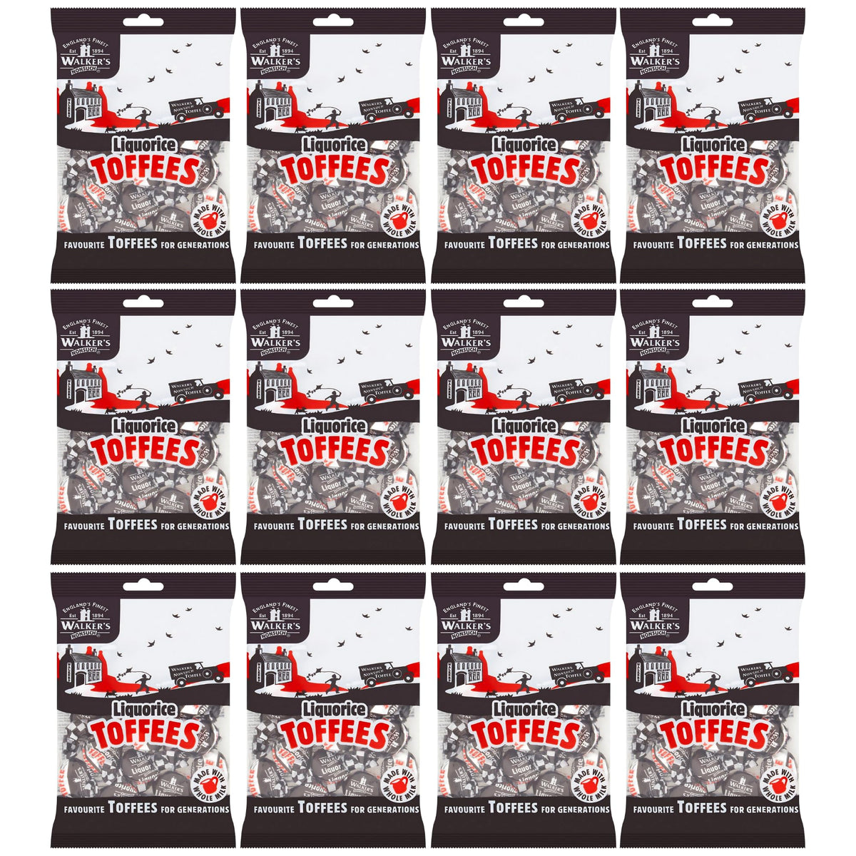 Walkers' Nonsuch Liquorice Toffees pack 12 front view, ideal for sharing and gifting.