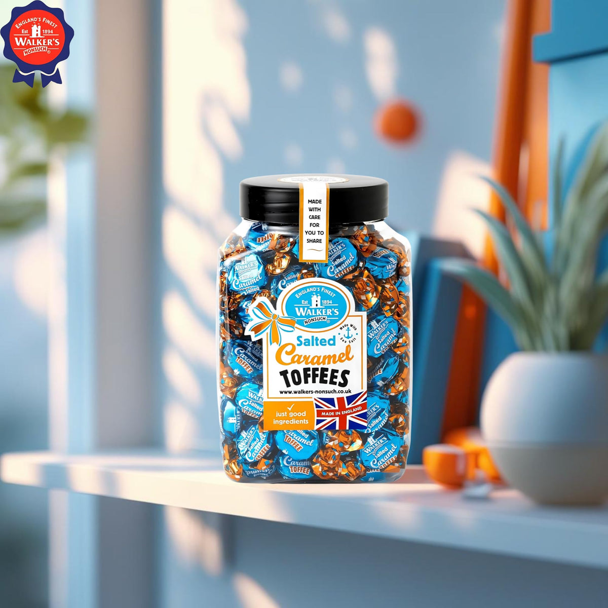 Open jar of Walkers Nonsuch toffees inviting quick snacks and sharing.