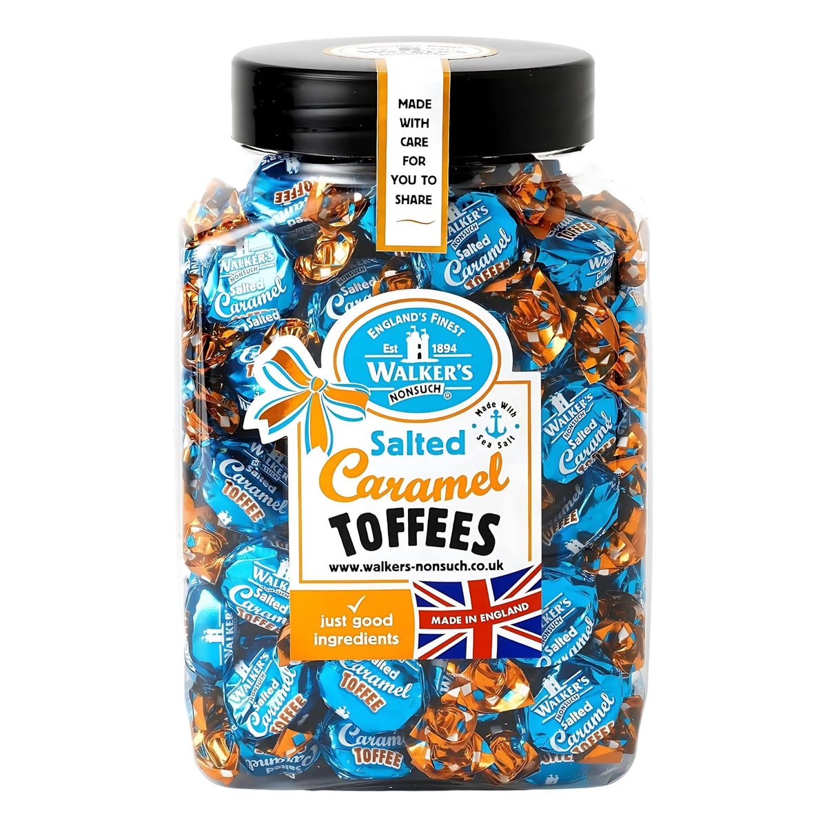 Walkers Nonsuch Salted Caramel Toffees jar front, ideal gift-ready British treat.