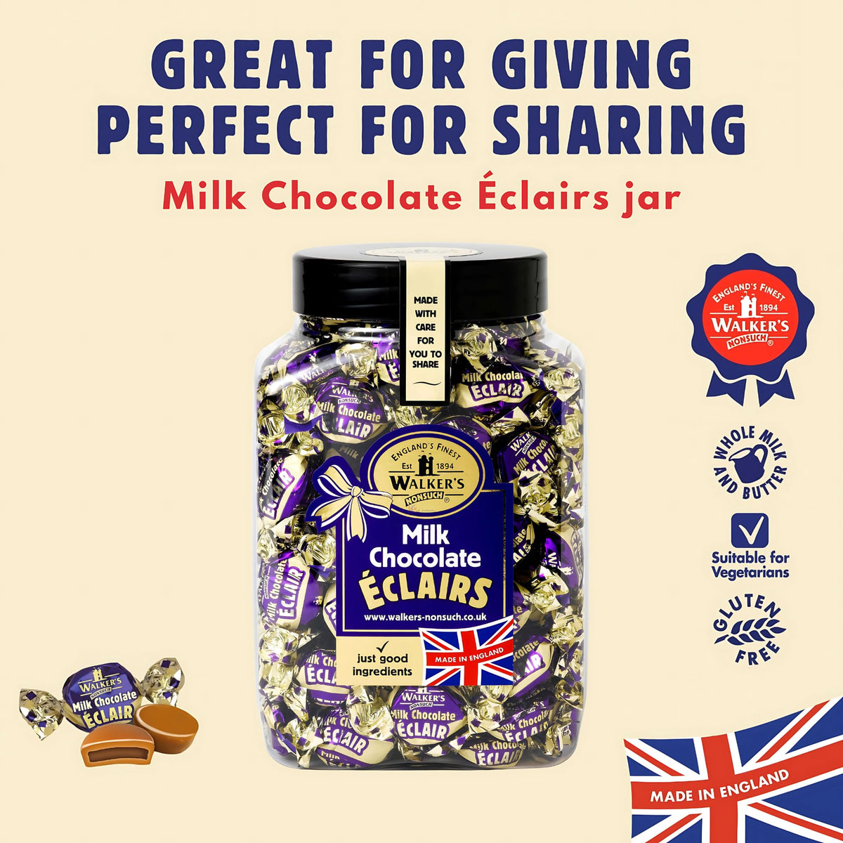 Walkers Nonsuch toffee eclairs jar seal open, convenient party snack option.