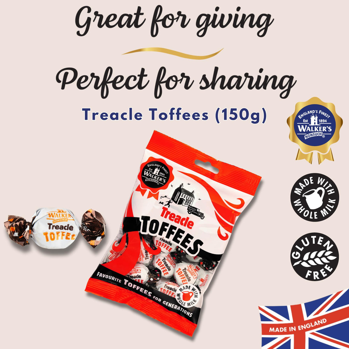 Walkers' Nonsuch Treacle Toffees bag side view, elegant packaging for sharing