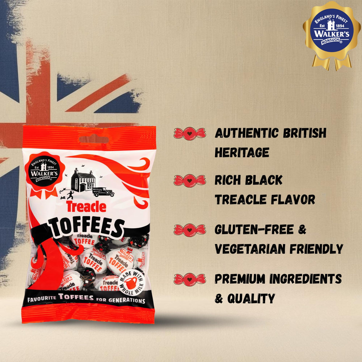 Walkers' Nonsuch Treacle Toffees close-up, rich black treacle flavor and creamy notes