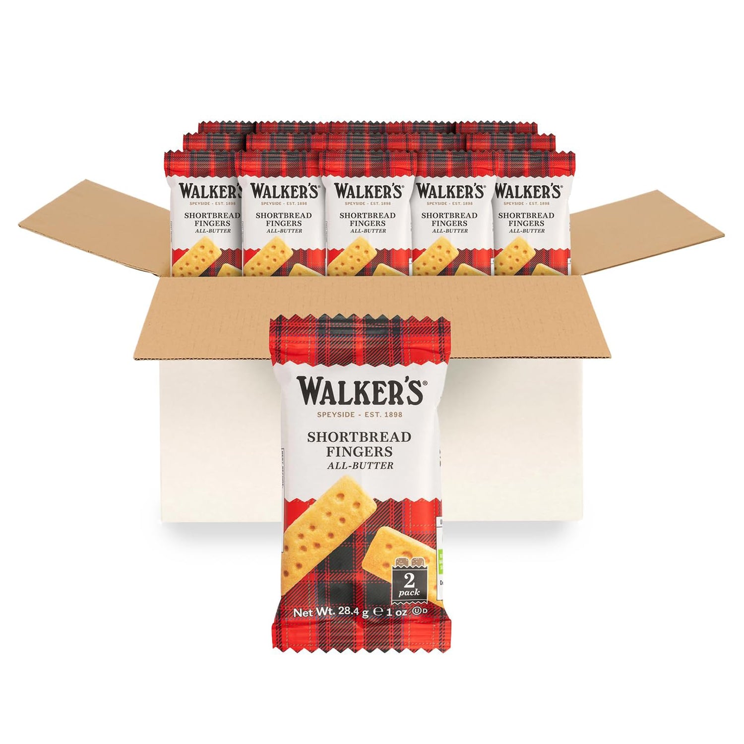 Walker's Shortbread Fingers, individually wrapped two-pack for on-the-go snacking.