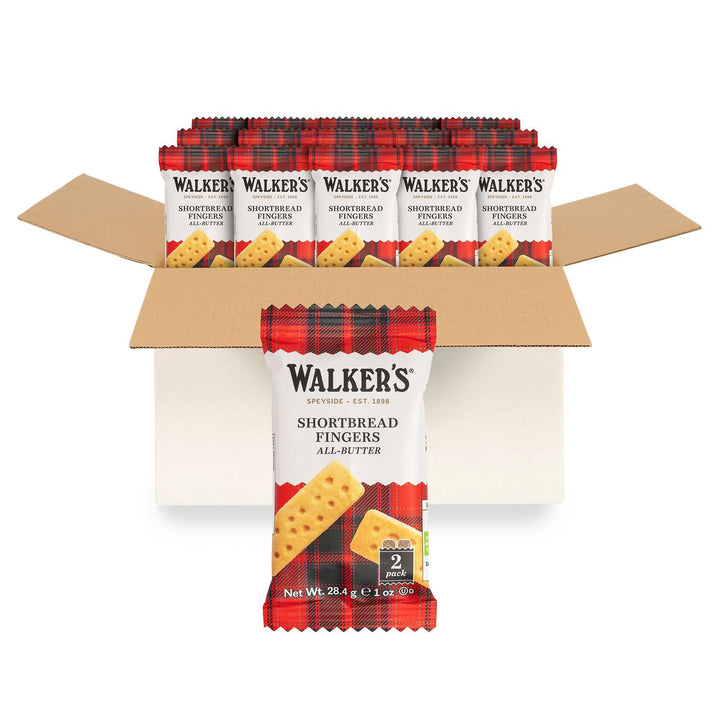 Walker's Shortbread Fingers, individually wrapped two-pack for on-the-go snacking.