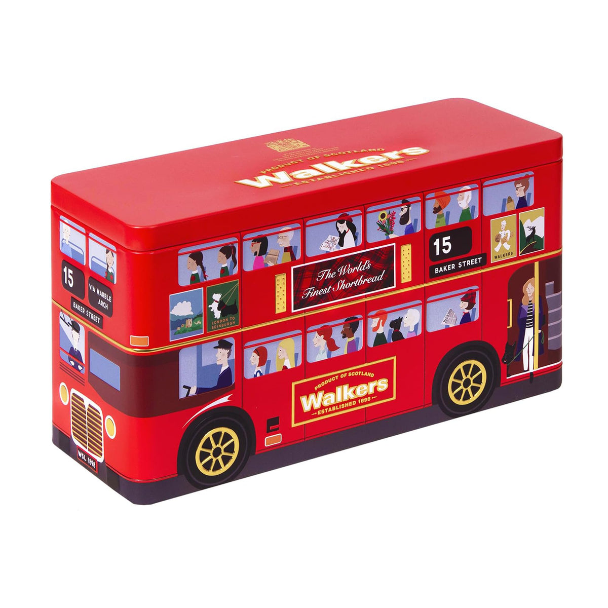 Walker’s Shortbread London Bus tin showcases iconic packaging for gifting.