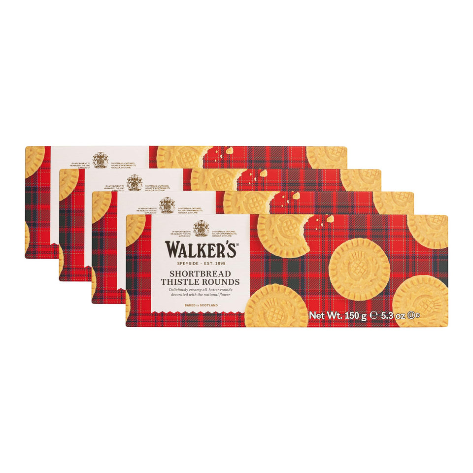Walker’s Shortbread Rounds with red tartan packaging, signaling premium heritage and gifting appeal.
