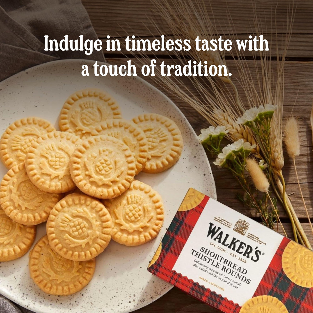 Walker’s Shortbread Rounds on a plate, pairs well with tea or coffee.