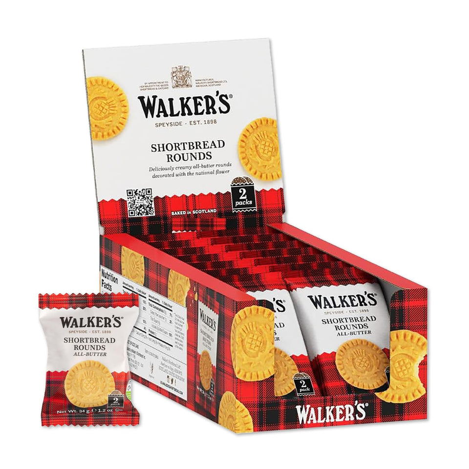 Walker's Shortbread Rounds snack pack shows two cookies per sleeve for easy on-the-go snacking