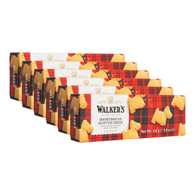 Walker's Shortbread Scottie Dog cookies in a box showing buttery flavor and shareable appeal.