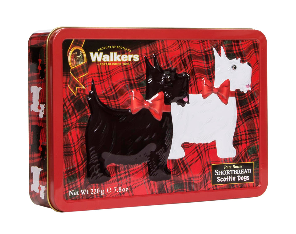 Walker's Shortbread Scottie dog cookie tin showcases gift-ready packaging.