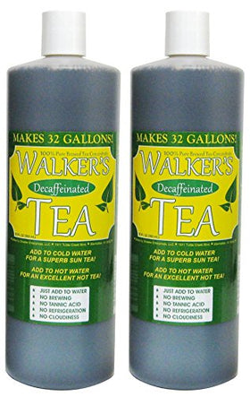 Walkers Tea liquid concentrate pour shows caffeine-free, quick tea options.