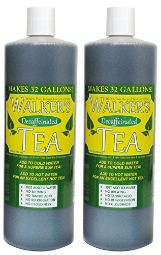 Walkers Tea liquid concentrate pour shows caffeine-free, quick tea options.