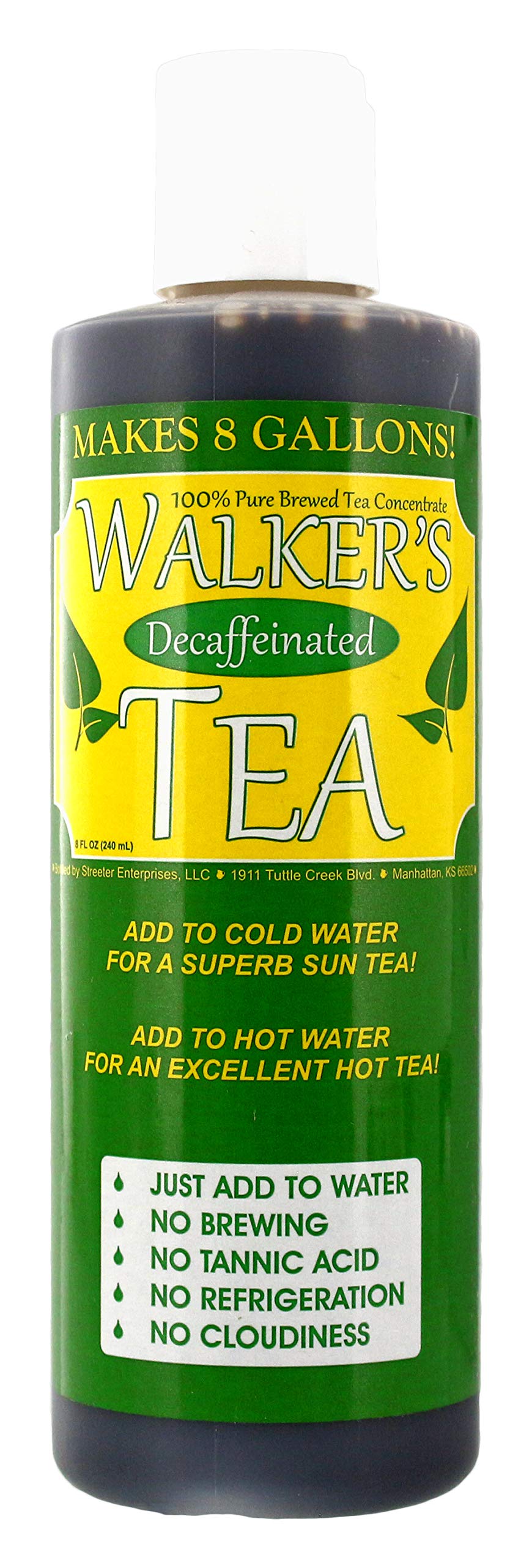 Walker's Tea liquid concentrate bottle for quick decaf brew at home.