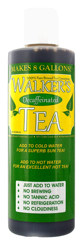 Walker's Tea liquid concentrate bottle for quick decaf brew at home.