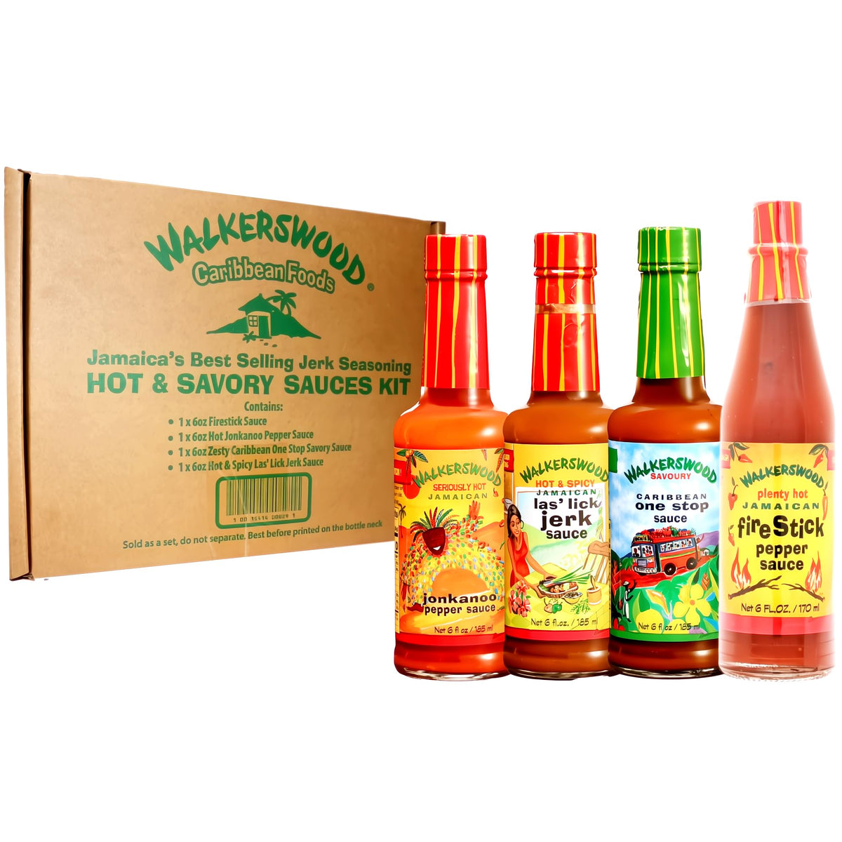 Walkerswood Fire Stick Sauce bottle pour, adding bold heat to grilled meats.