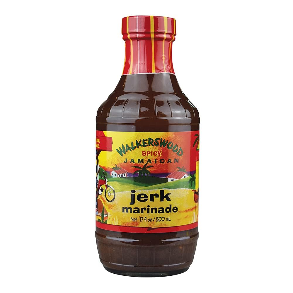Walkerswood Jerk Marinade label highlights ingredients for marinating seafood