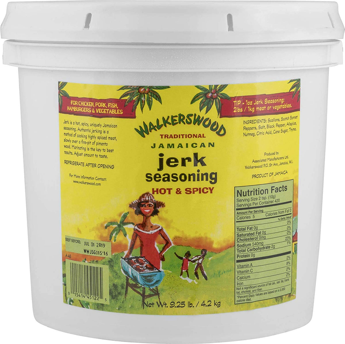 Walkerswood Jerk seasoning bottle label close-up for versatile marinades