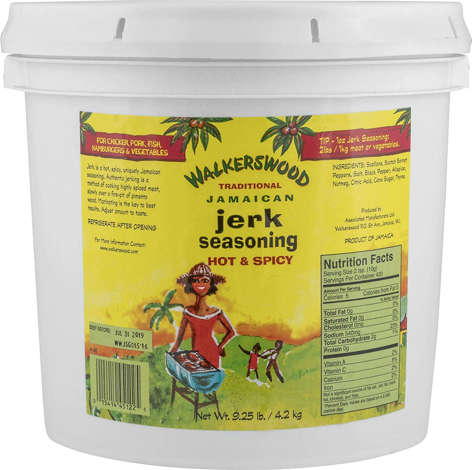 Walkerswood Jerk seasoning bottle label close-up for versatile marinades