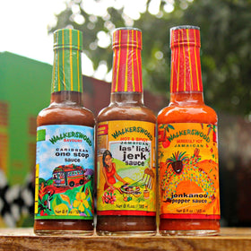 Walkerswood LasLick Jerk Sauce bottle, aromatic jerk flavor for grilled dishes.