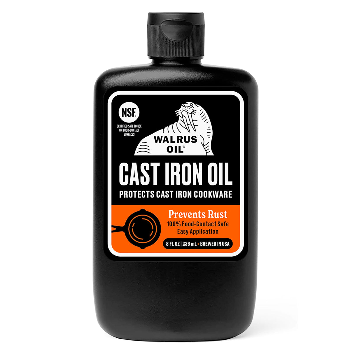 Walrus Oil cast-iron oil bottle on a kitchen counter ready for seasoning.