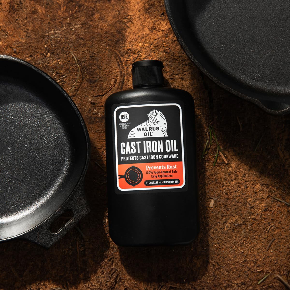 Walrus Oil used to season a cast-iron skillet for durable protection.