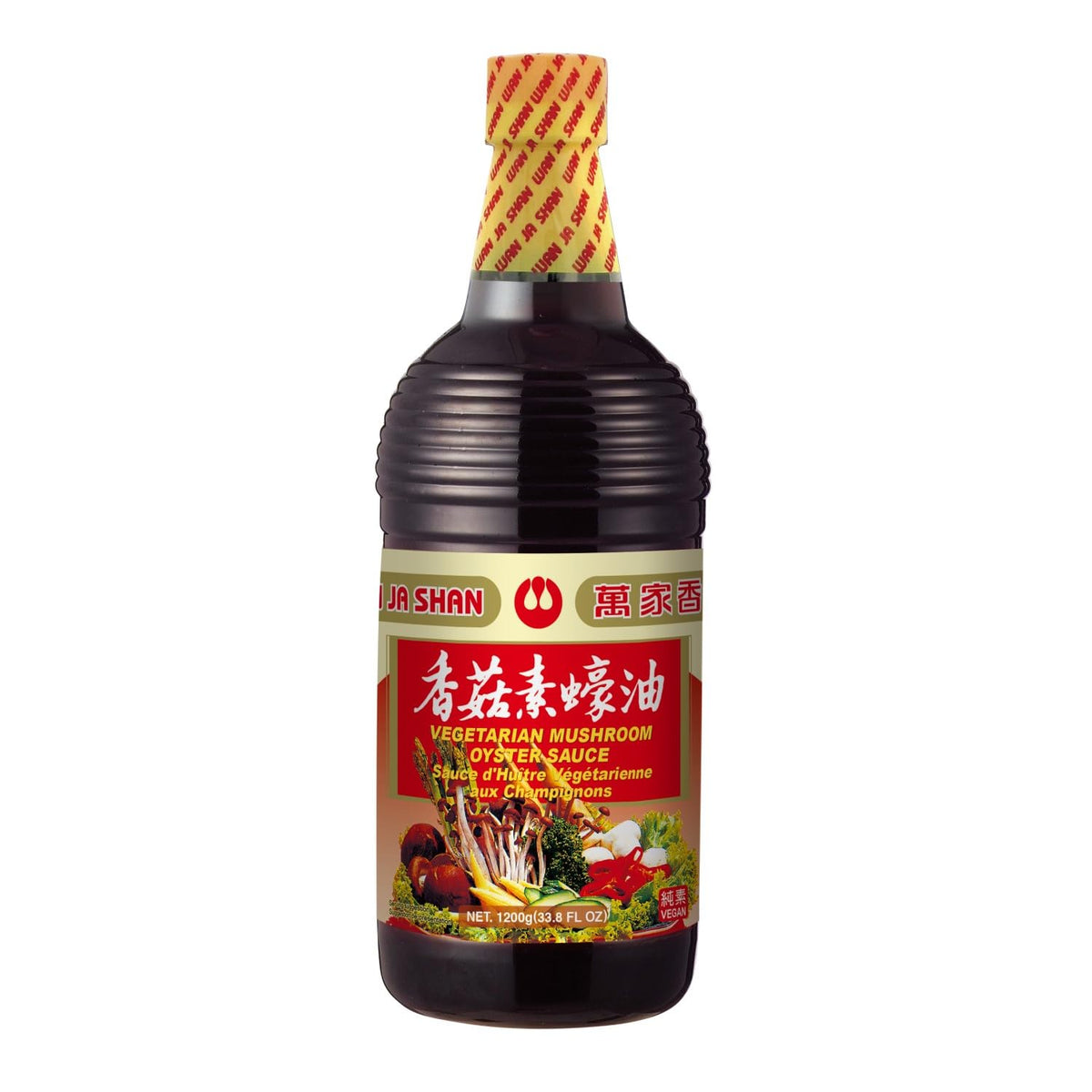Wan Ja Shan Vegetarian Mushroom Oyster Sauce bottle boosts vegan umami for stir-fries.
