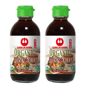 Wan Ja Shan Hoisin Sauce bottle; gluten-free vegan glaze for stir-frying.