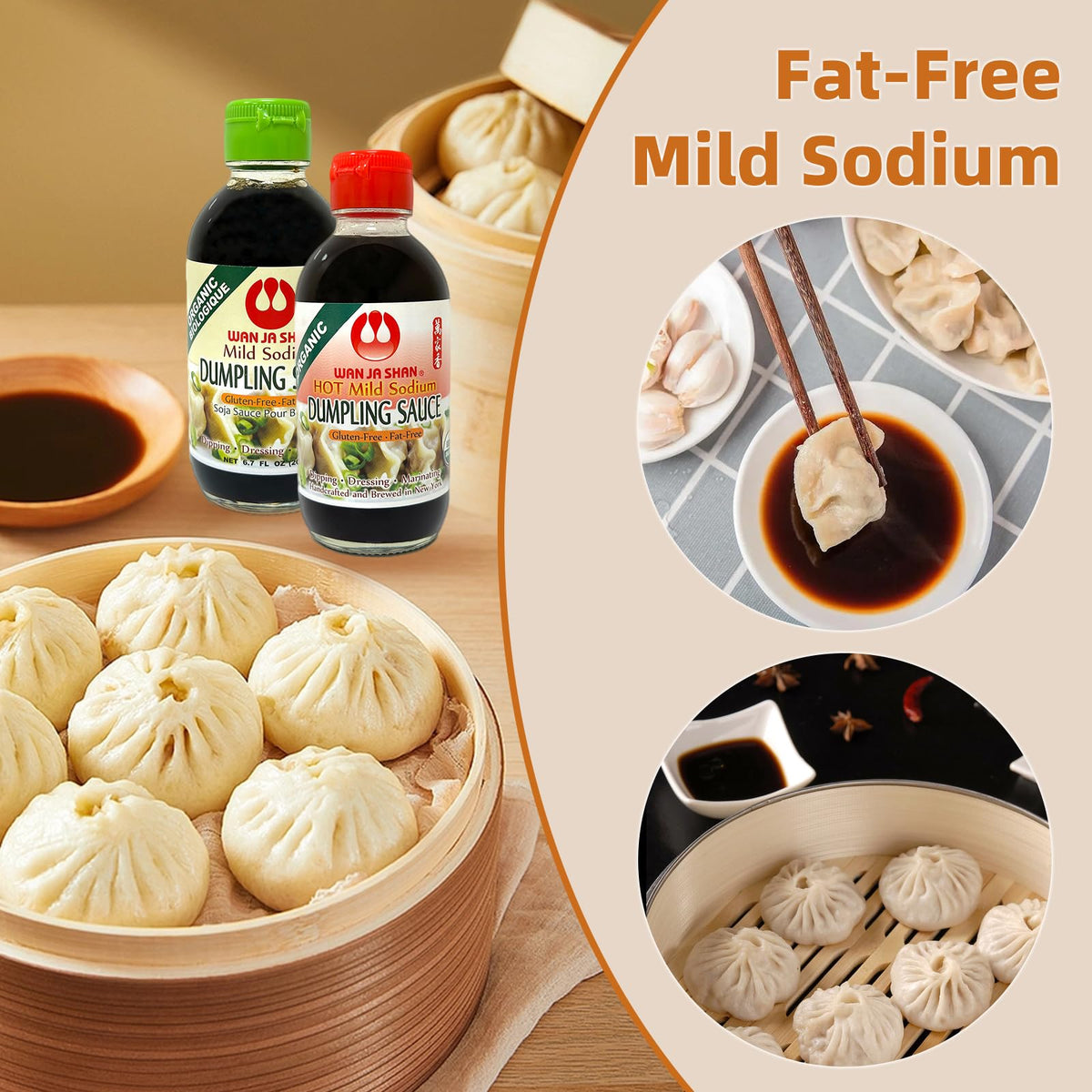 Wan Ja Shan Organic Dumpling Sauce bottle back with kosher certification visible.