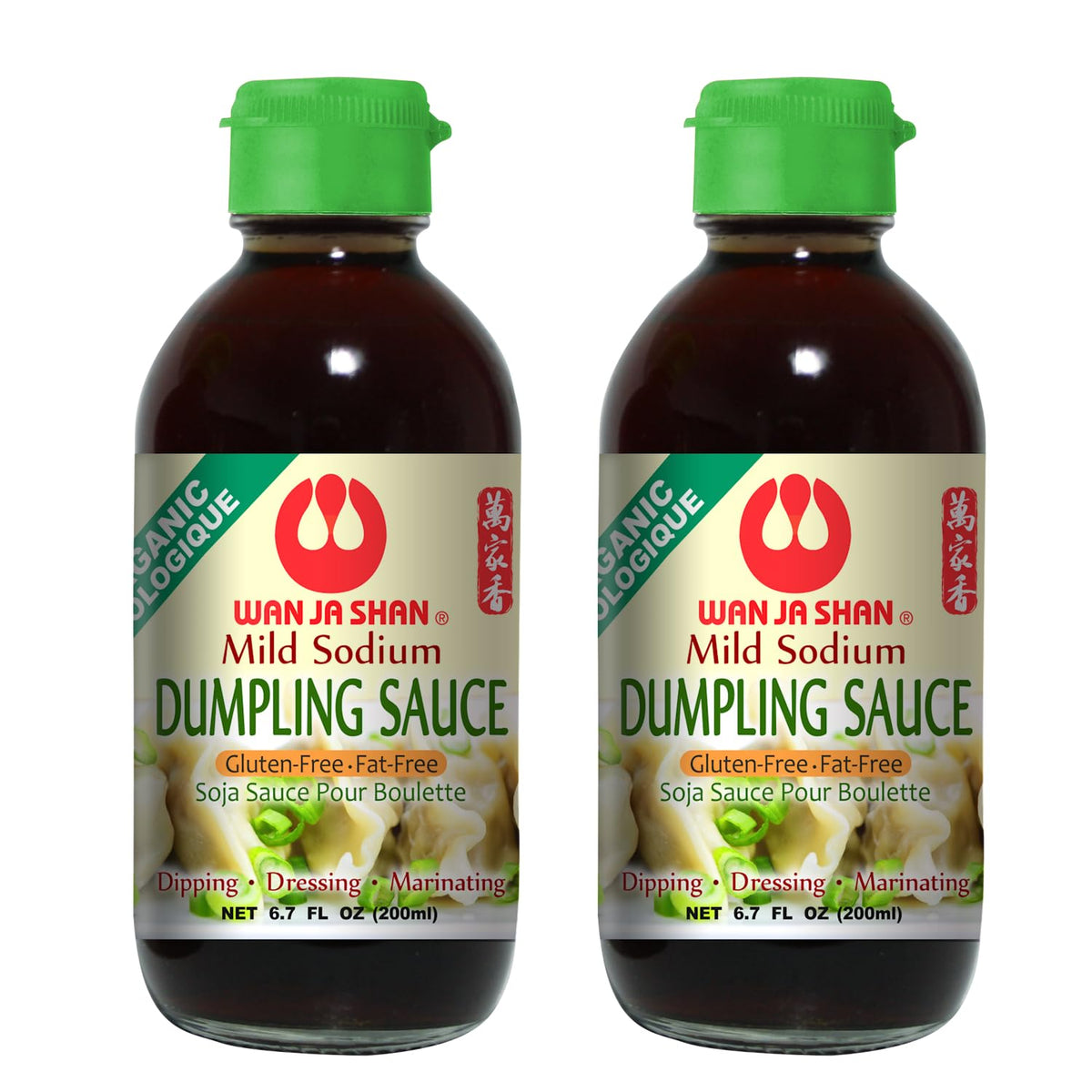 Wan Ja Shan Organic Dumpling Sauce bottle front view, ideal for gluten-free dipping.