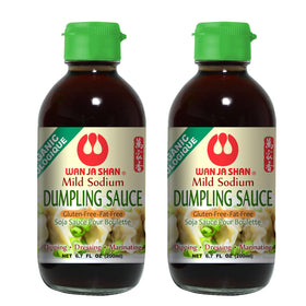 Wan Ja Shan Organic Dumpling Sauce bottle front view, ideal for gluten-free dipping.