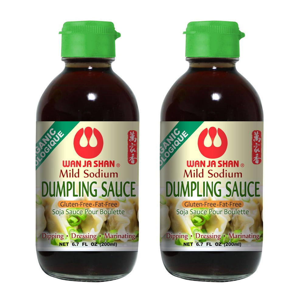 Wan Ja Shan Organic Dumpling Sauce bottle front view, ideal for gluten-free dipping.