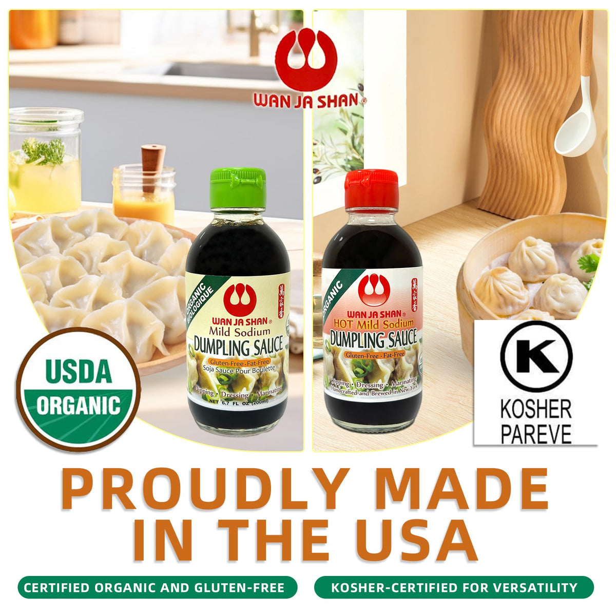 Packaging shot of Wan Ja Shan Organic Dumpling Sauce USA quality.