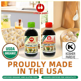 Packaging shot of Wan Ja Shan Organic Dumpling Sauce USA quality.
