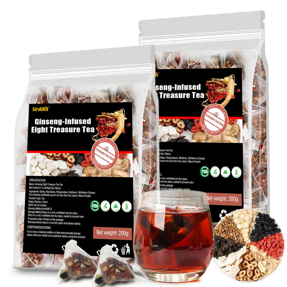 Wanciment Ginseng Eight Treasure Tea bag closeup shows premium blend for daily wellness.