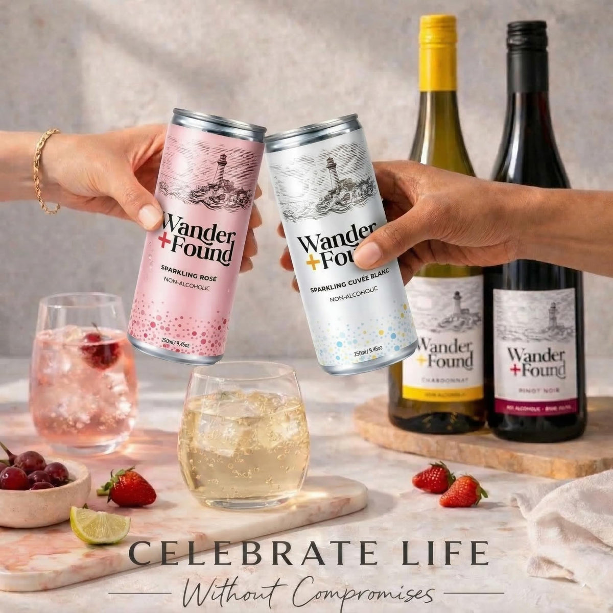 Wander + Found award stamp highlights premium non-alcoholic wine.