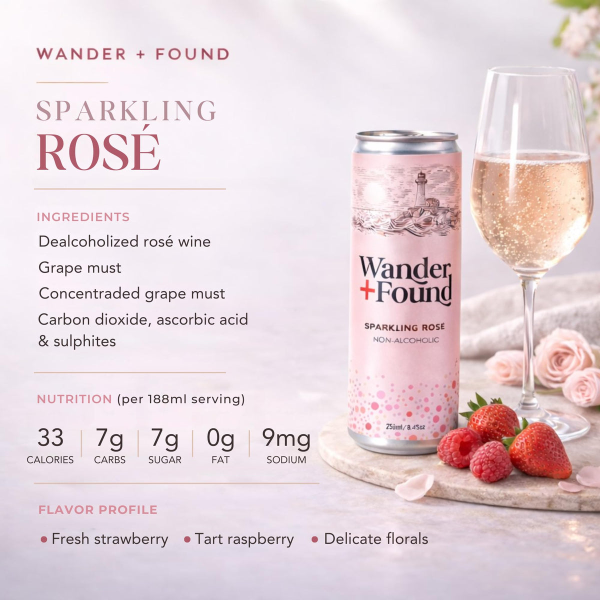 Wander + Found Sparkling Rosé can close-up, vibrant red berries and citrus notes.