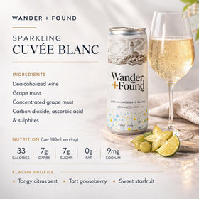 Wander + Found Sparkling Cuvée Blanc can close-up, lime and gooseberry hints.