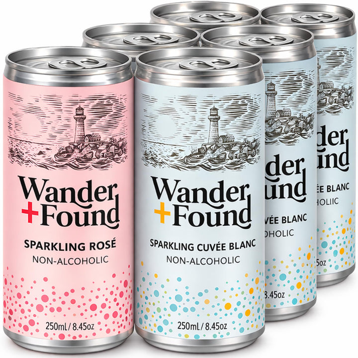 Wander + Found variety pack with Rosé and Cuvée Blanc 8.5 oz cans for easy sipping.